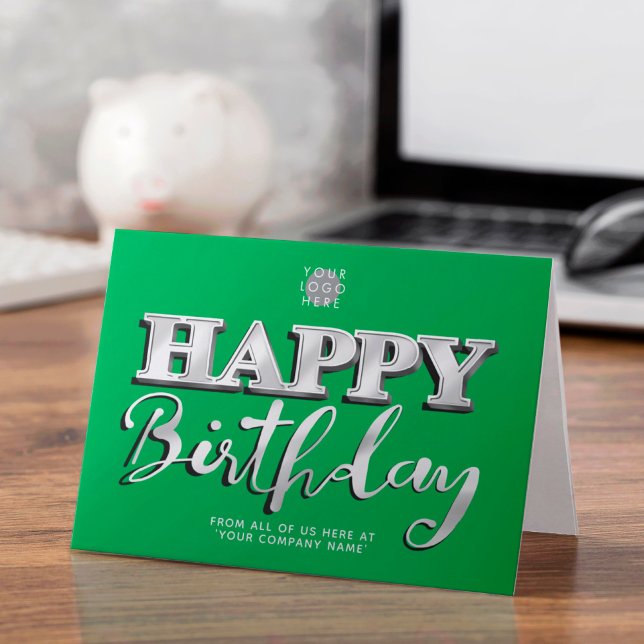 Logo Silver 3d Bright Green Business Birthday Card (Creator Uploaded)