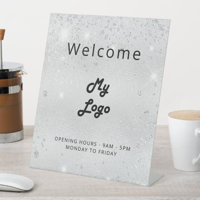 Logo silver glitter welcome business  pedestal sign (In SItu)