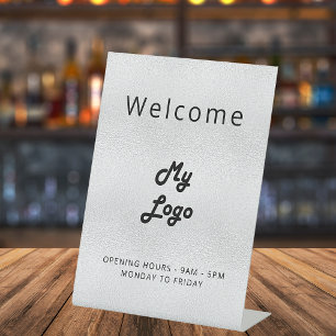 Logo silver welcome business pedestal sign