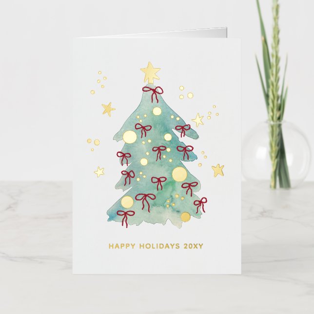 Logo Simple Christmas Tree Red Ribbons Business Foil Holiday Card (Front)