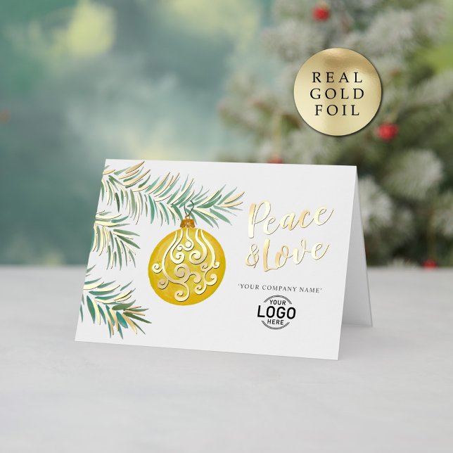 Logo Simple Christmas Yellow Decor Business Foil Holiday Card (Creator Uploaded)
