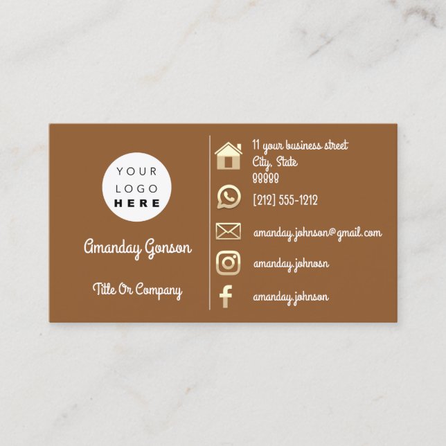 Logo Social Media Gold QR Code Address Brown Business Card (Front)