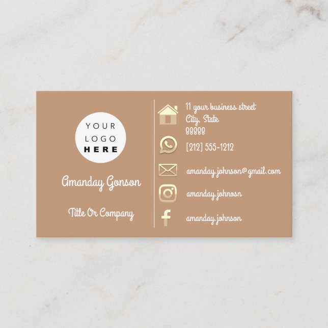  Logo Social Media Gold QR Code Adress Brown  Business Card (Front)