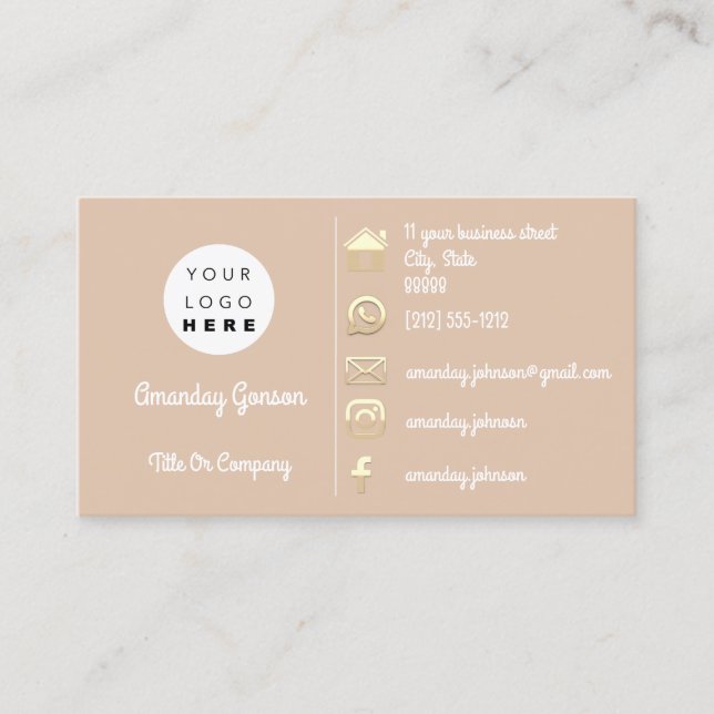  Logo Social Media Gold QR Code Adress Rose Gold Business Card (Front)