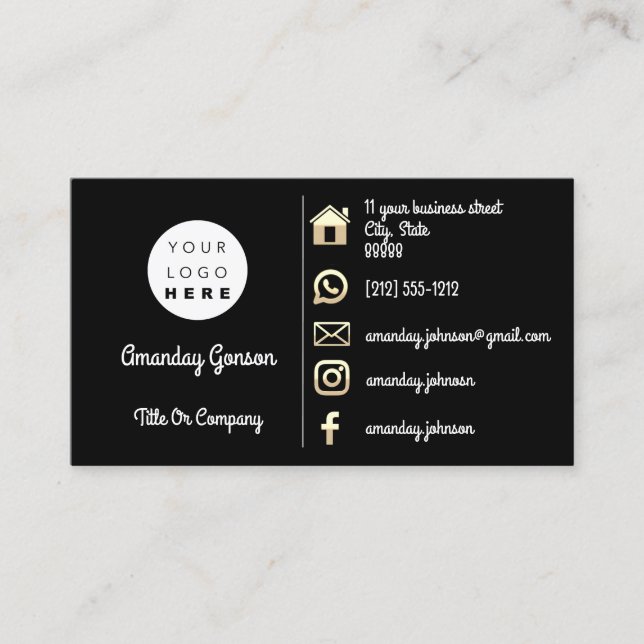  Logo Social Media Gold QR Code Gold Black Business Card (Front)