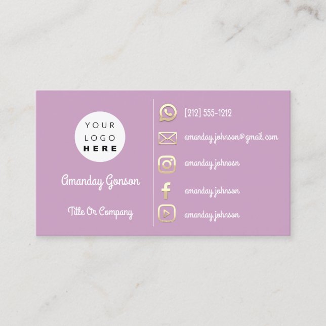  Logo Social Media Gold QR Code Gold Lavender Business Card (Front)