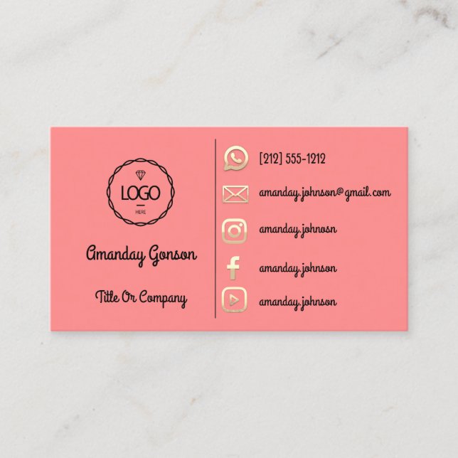  Logo Social Media Gold QR Code Gold Peach Business Card (Front)