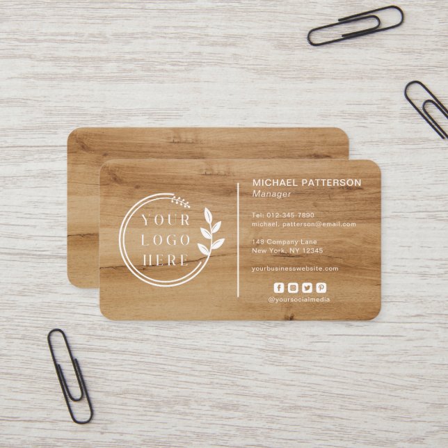 Logo Social Media QR Code Carpentry Wood Modern Business Card (Front/Back In Situ)