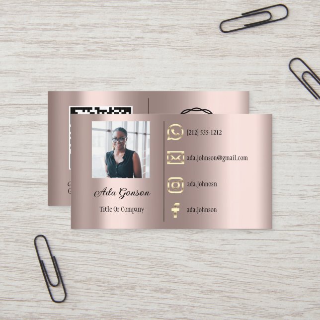  Logo Social Media QR Code Photo Custom Rose Blush Business Card (Front/Back In Situ)
