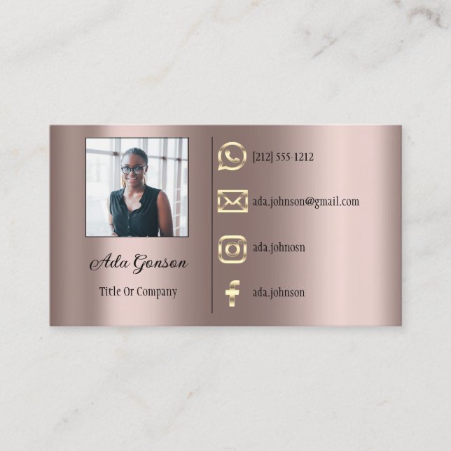  Logo Social Media QR Code Photo Metallic Rosę Business Card (Front)