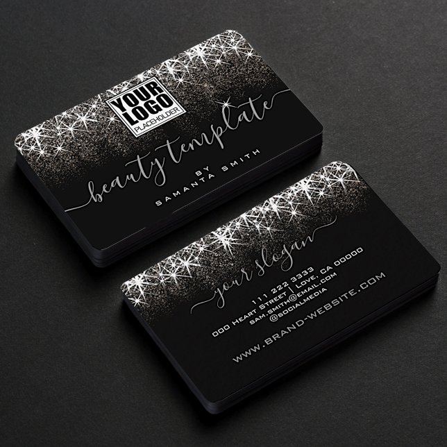 Logo Template Luminous Platinum Silver Glitter Business Card (Creator Uploaded)