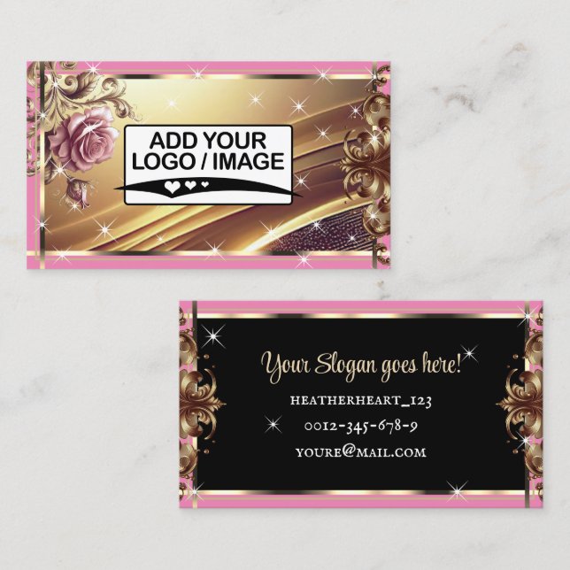 Logo Template Luxury Chic Gold Pink Rose Flower Business Card (Front/Back)