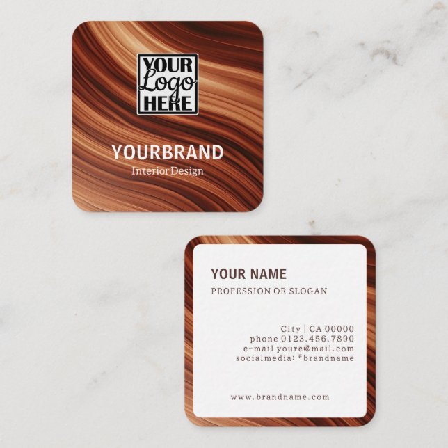 Logo Template Modern Branch Mahaghoni Wood Brown Square Business Card (Front/Back)