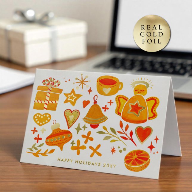 Logo Whimsical Hand Painted Orange White Business Foil Holiday Card (Creator Uploaded)