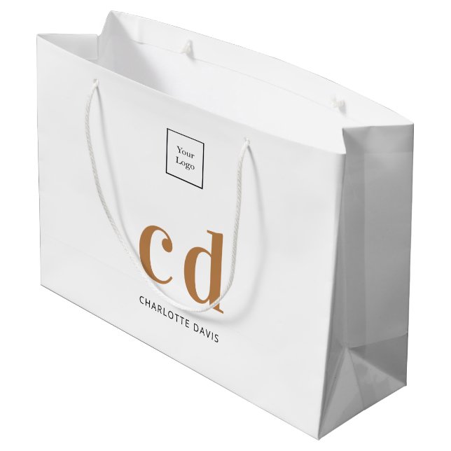 Logo white gold monogram initials shopping large gift bag (Back Angled)