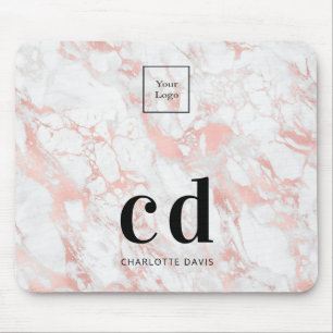 Logo white rose gold monogram marble business mouse pad