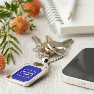 Logo With Blue Background on Rectangle Metal Key Ring