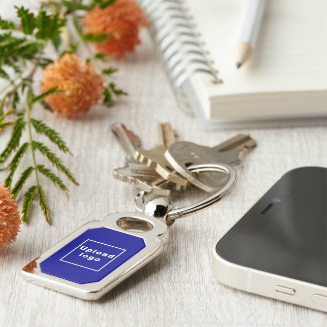 Logo With Blue Background on Rectangle Metal Key Ring (Side)