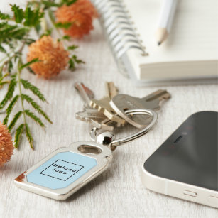 Logo With Light Blue Background on Rectangle Metal Key Ring