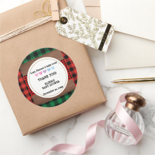 Logs Flannel Rustic Plaid Hearts Baby Shower Classic Round Sticker