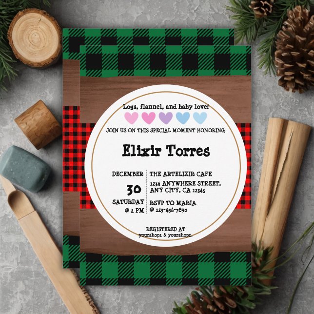 Logs Flannel Rustic Plaid Hearts Baby Shower Invitation (Creator Uploaded)