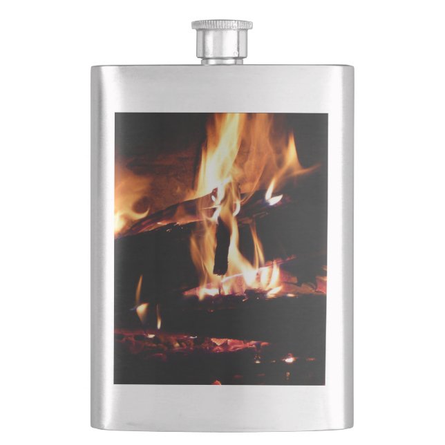 Logs in the Fireplace Warm Fire Photography Hip Flask (Front)