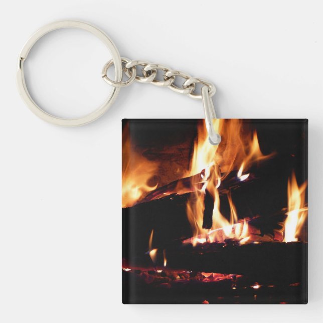 Logs in the Fireplace Warm Fire Photography Key Ring (Front)