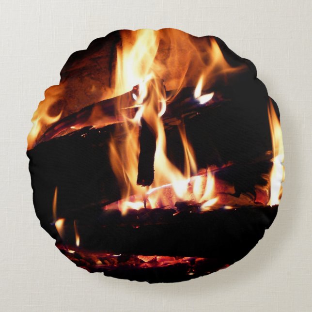 Logs in the Fireplace Warm Fire Photography Round Cushion (Front)