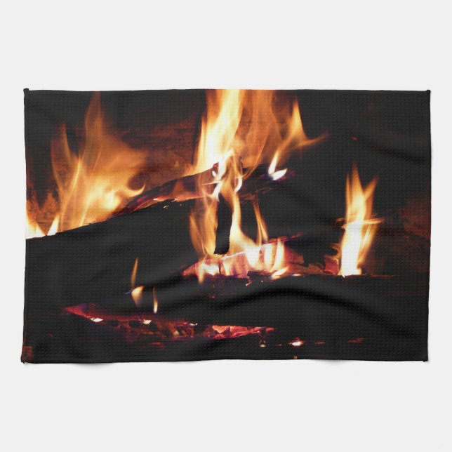 Logs in the Fireplace Warm Fire Photography Tea Towel (Horizontal)
