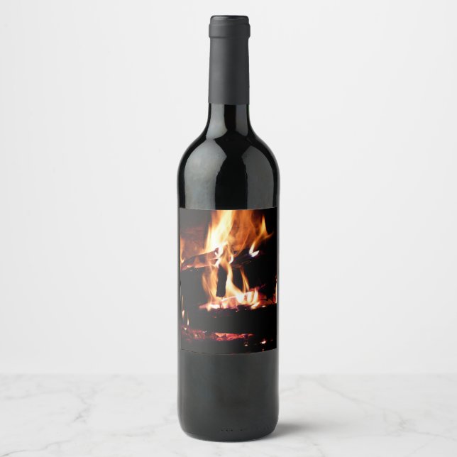 Logs in the Fireplace Warm Fire Photography Wine Label (Front)