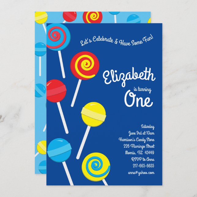 Lollipop Candy Kids 1st Birthday Party Invitation (Front/Back)