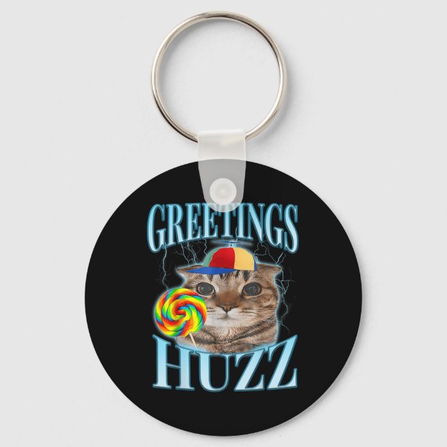 Lollipop Cat Meme Greetings Huzz Funny Silly Cat B Key Ring (Front)