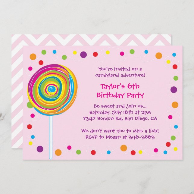 Lollipop Invitations Candyland Birthday Party Pink (Front/Back)