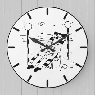 Lollipop Man is Sunbathing on the Beach Large Clock