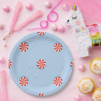 Lollipop Sweet Candy Blue Kids Birthday Party Paper Plate
