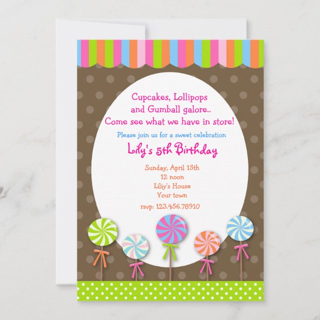 Lollipops Candy Shoppe Birthday invitation (Front)