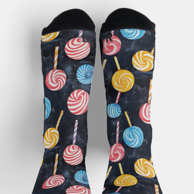 Lollypop Candy Sweet Chalk Drawing Pattern Black Socks (Top)