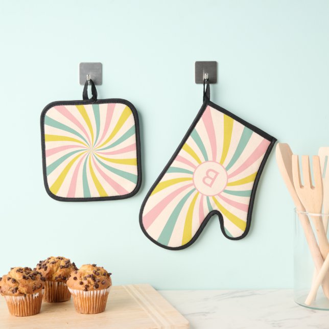 'Lollypop Vibes', retro personalised Oven Mitt & Pot Holder Set (Insitu(Hanging))