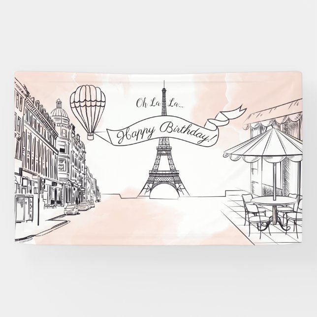 Lona Oh La La Paris backdrop Happy Birthday banner (Horizontal)