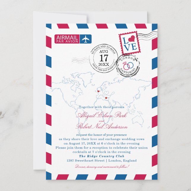 London and Santorini Airmail Wedding Invitation (Front)
