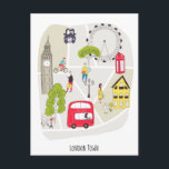 London Artsy Map Landmarks Characters Stylish Postcard<br><div class="desc">Artsy creativity with this stylish cartoon map illustration of London,  England with famous landmarks,  tax,  bus,  phone box and characters.</div>