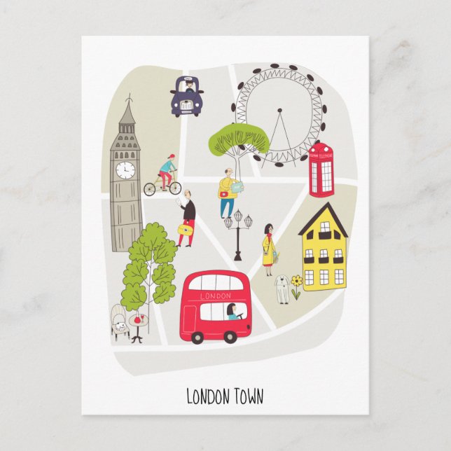London Artsy Map Landmarks Characters Stylish Postcard (Front)