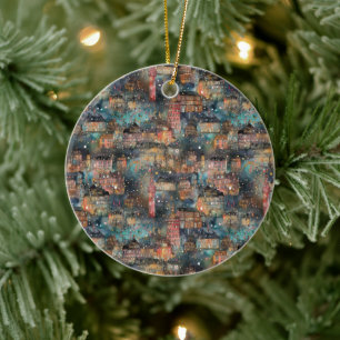 London at New Year's in Watercolors Fairy Lights Ceramic Ornament