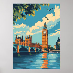 London Big Ben England Vintage Travel Art Poster
