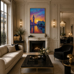 London Big Ben Pointillism Skyline Sunset Art Poster