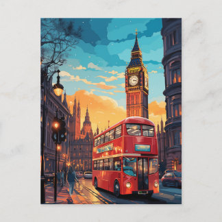 London Big Ben Red Bus Sunset Watercolor Postcard