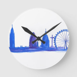 London blue watercolor modern skyline cool elegant round clock