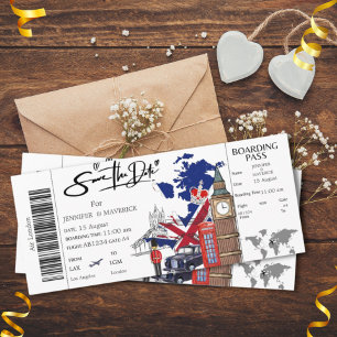 London  boarding pass Save the Date ticket Invitation