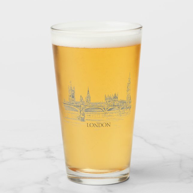 London Bridge and Big Ben Pen and Ink Sketch Pint Glass (Front Filled)