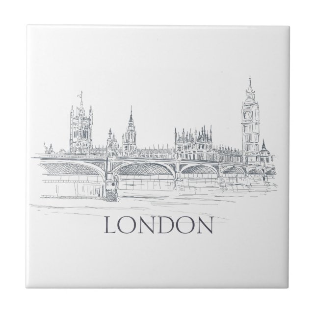 London Bridge Big Ben and Skyline Ink Drawing Ceramic Tile (Front)